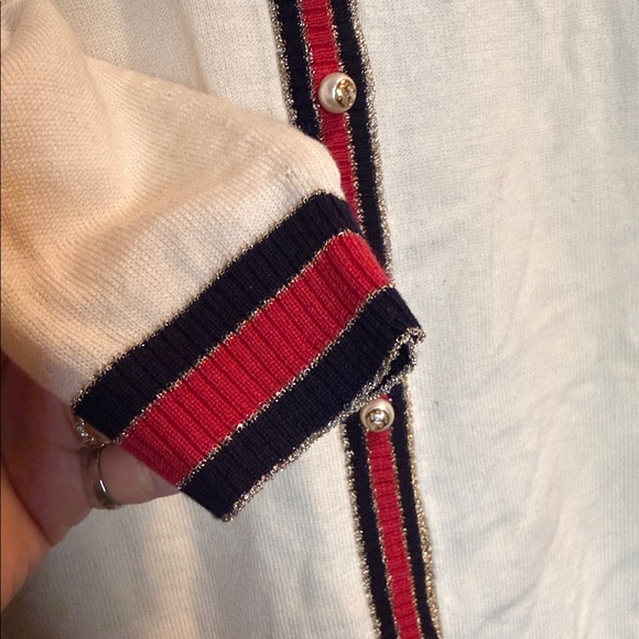 Ivory wool Cardigan with Ebony and Scarlet Trim - Picture 4 of 5